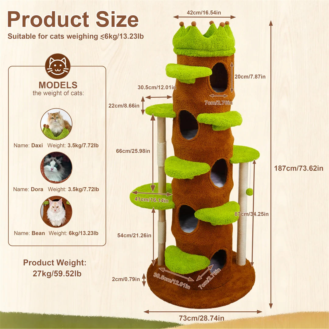 BINGOPAW 187cm Cat Tree – Green Multi-Level Tower with Crown Perch & Scratching Posts