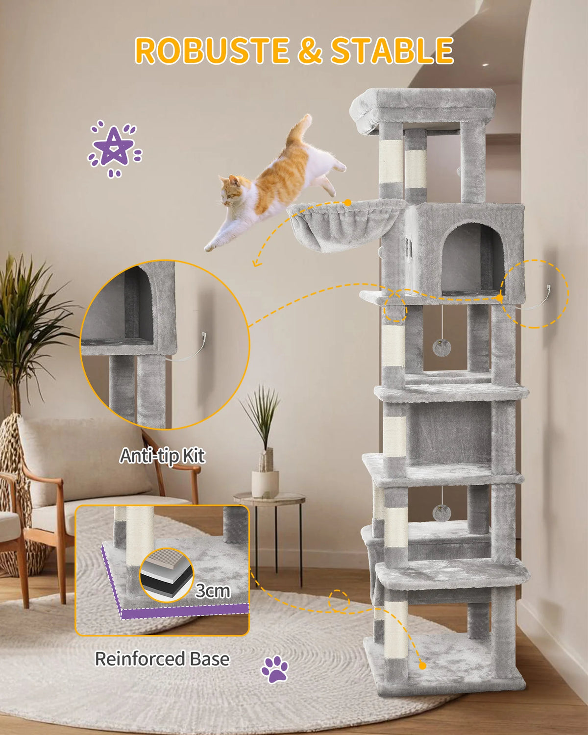 Cat Tree 170 cm – Multi-Level Tower with Caves & Scratching Posts