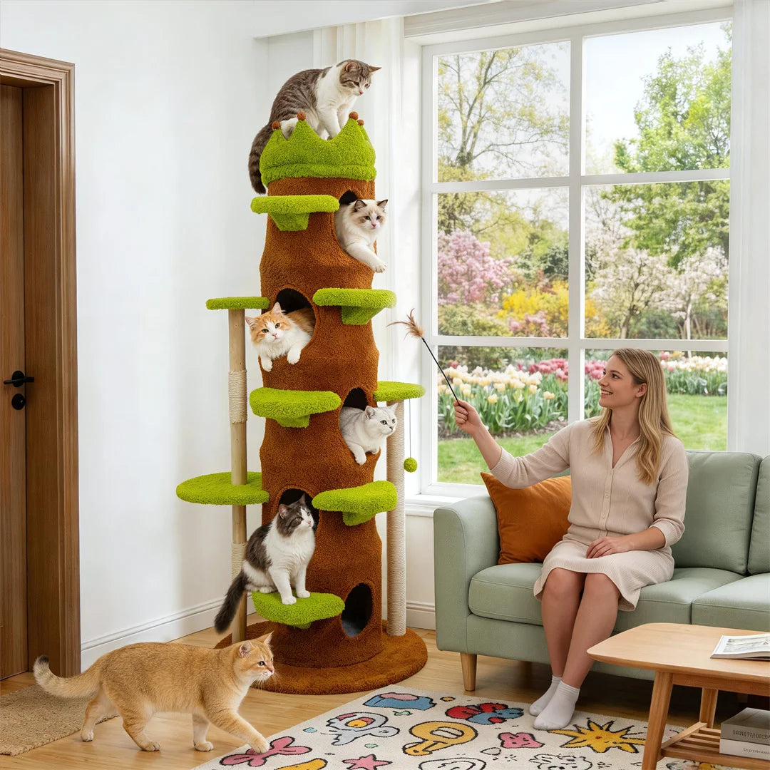 BINGOPAW 187cm Cat Tree – Green Multi-Level Tower with Crown Perch & Scratching Posts