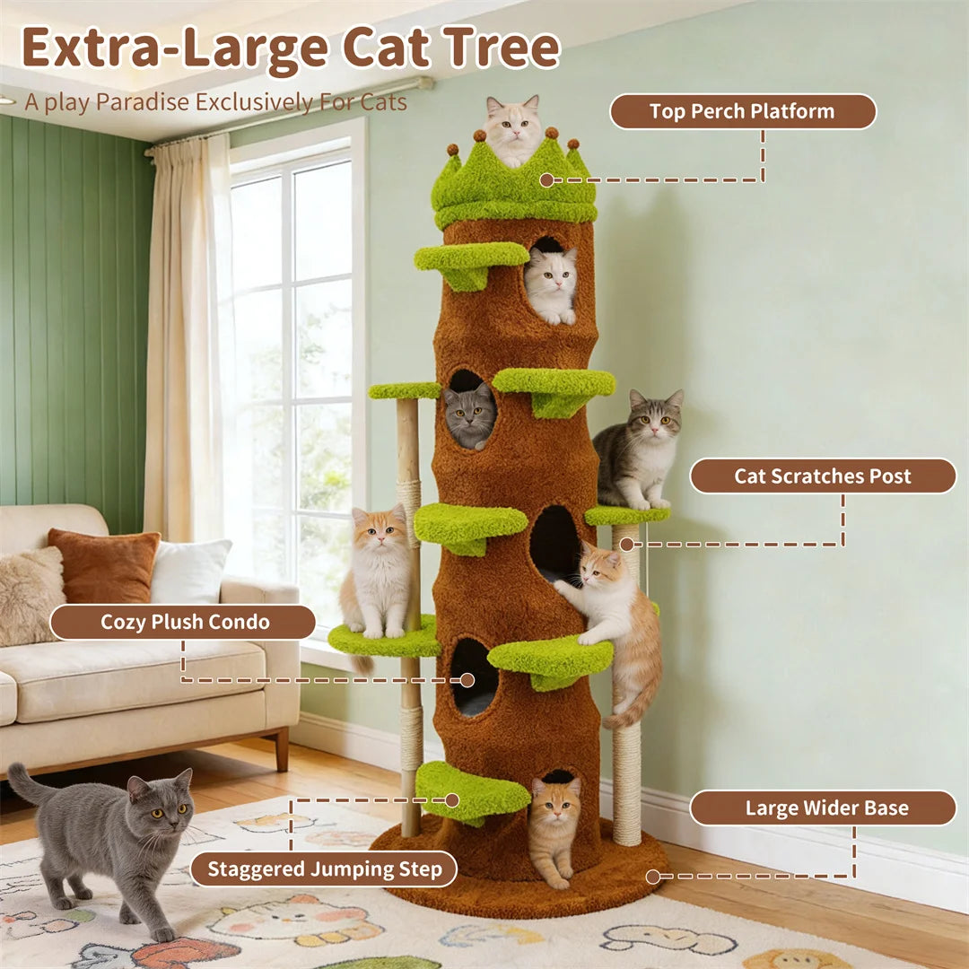 BINGOPAW 187cm Cat Tree – Green Multi-Level Tower with Crown Perch & Scratching Posts