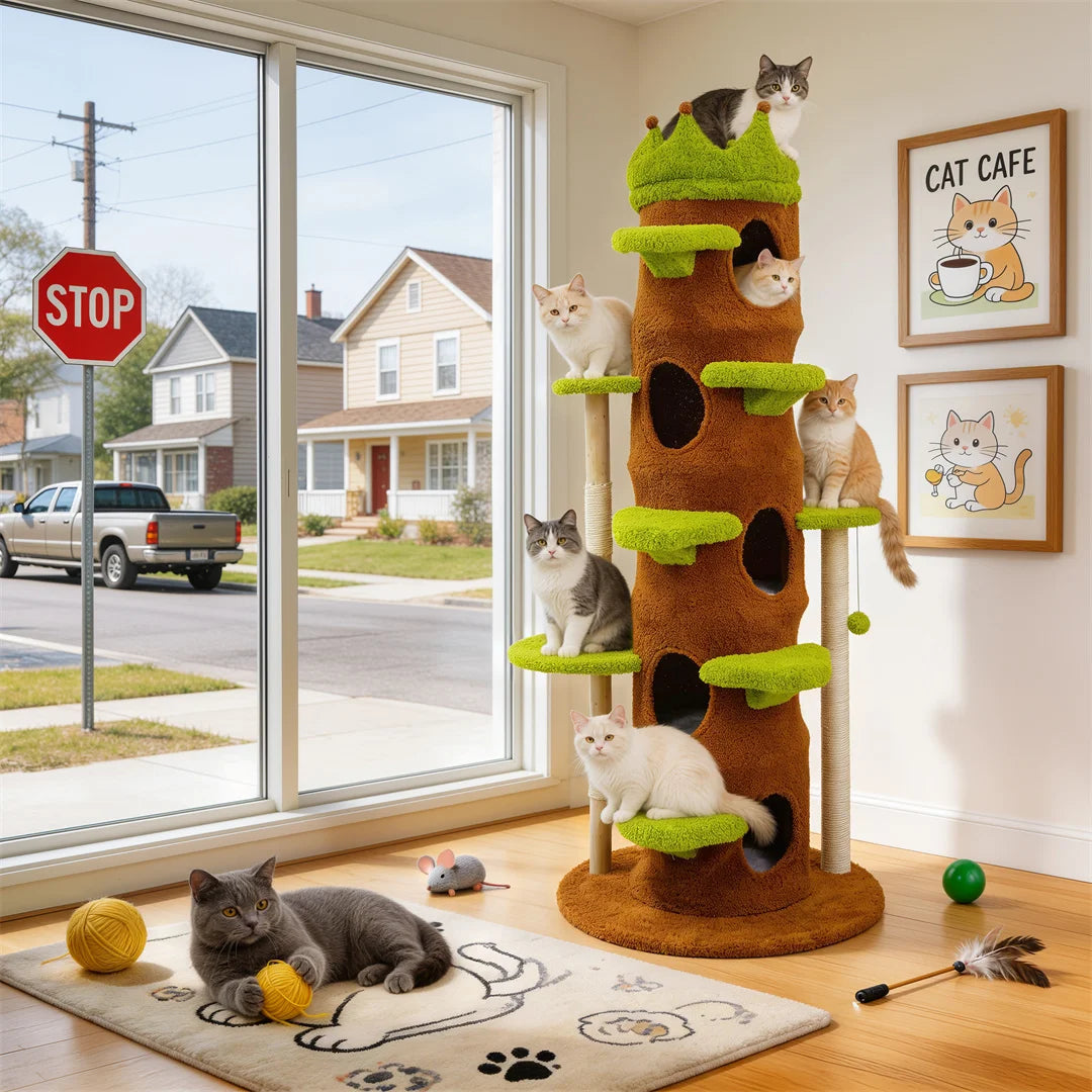 BINGOPAW 187cm Cat Tree – Green Multi-Level Tower with Crown Perch & Scratching Posts