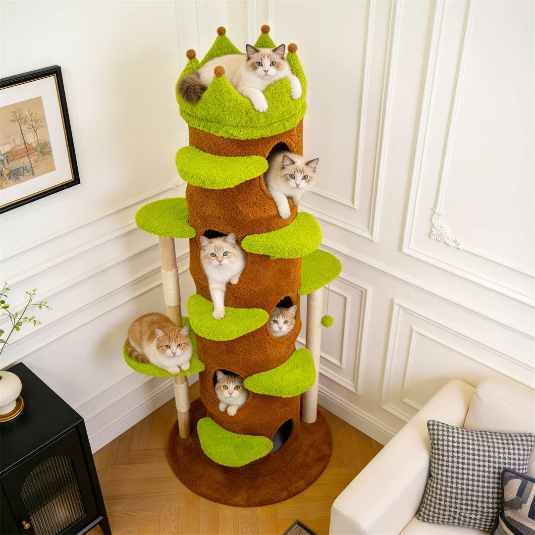 BINGOPAW 187cm Cat Tree – Green Multi-Level Tower with Crown Perch & Scratching Posts