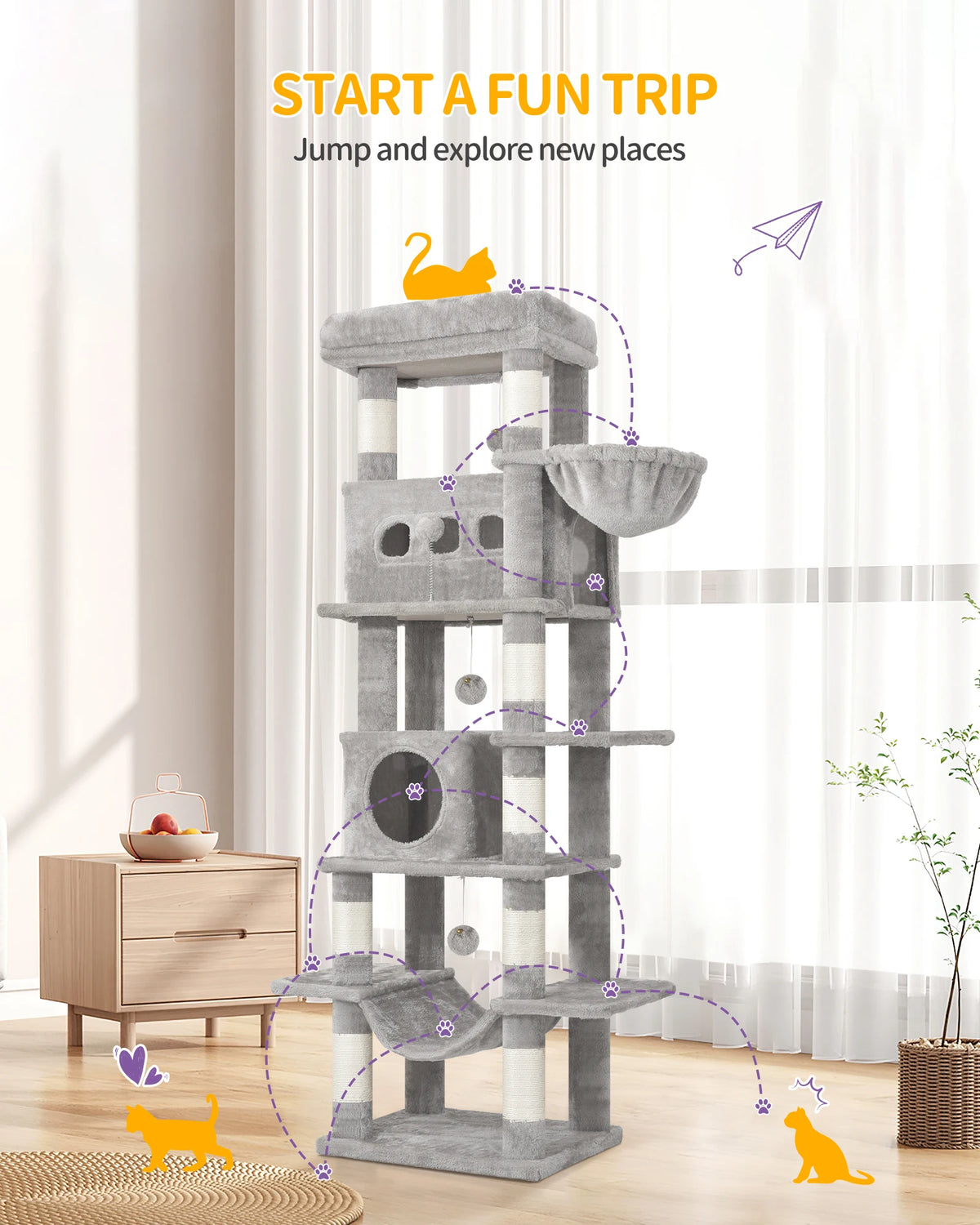 Cat Tree 170 cm – Multi-Level Tower with Caves & Scratching Posts