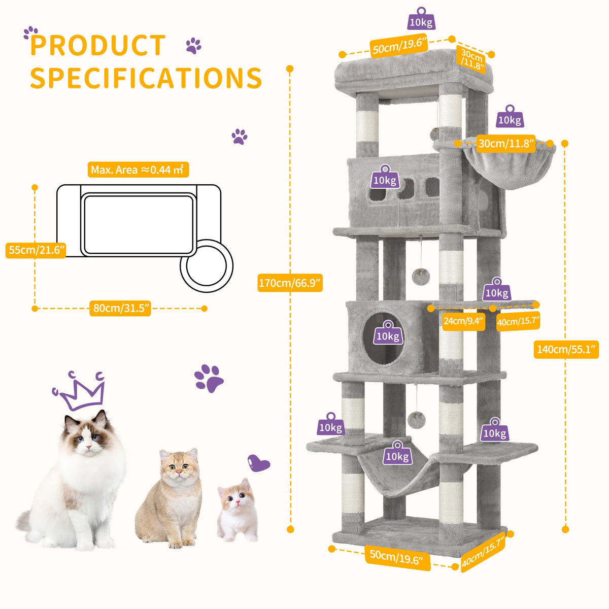 Cat Tree 170 cm – Multi-Level Tower with Caves & Scratching Posts