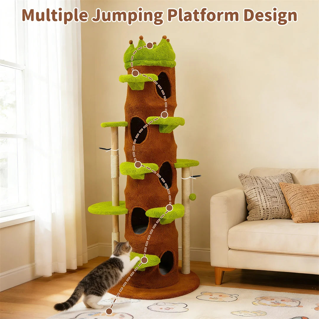 BINGOPAW 187cm Cat Tree – Green Multi-Level Tower with Crown Perch & Scratching Posts