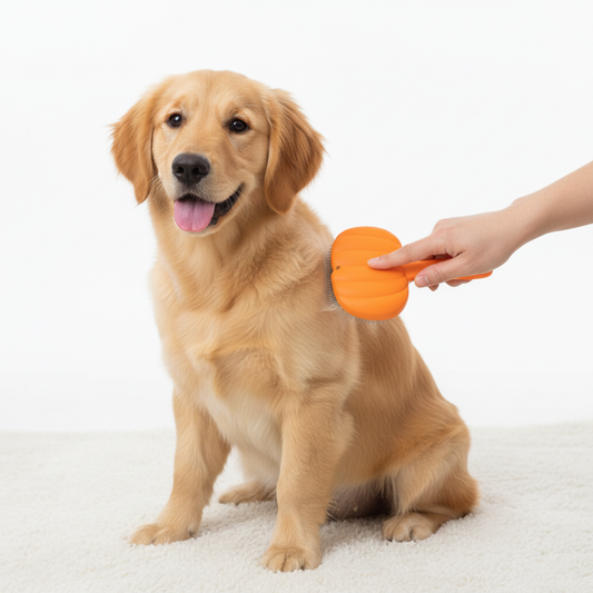 Dog being groomed with pumpkin slicker brush